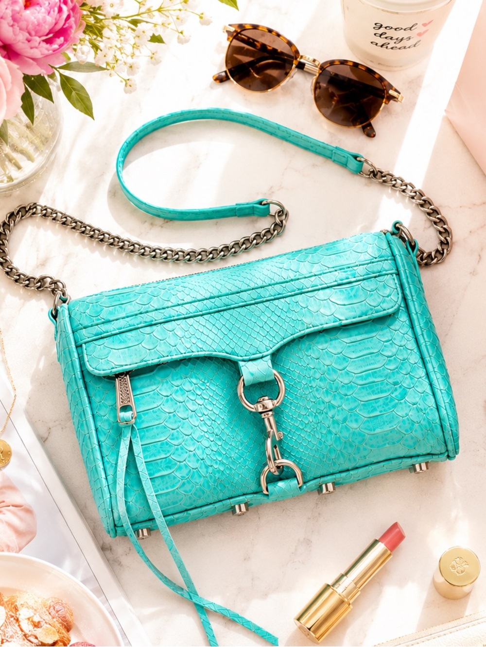 Rebecca Minkoff Mini M.A.C. Python Embossed Leather Crossbody Bag Turquoise